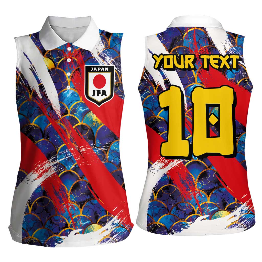 Custom Japan Football Women Sleeveless Polo Shirt Seigaiha and Brush Style