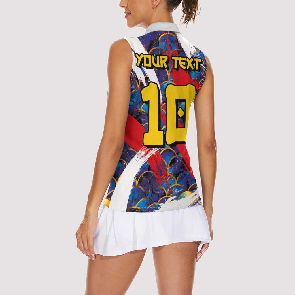 Custom Japan Football Women Sleeveless Polo Shirt Seigaiha and Brush Style