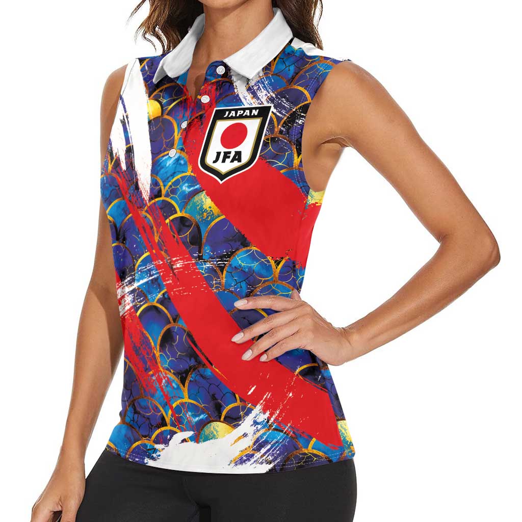 Custom Japan Football Women Sleeveless Polo Shirt Seigaiha and Brush Style