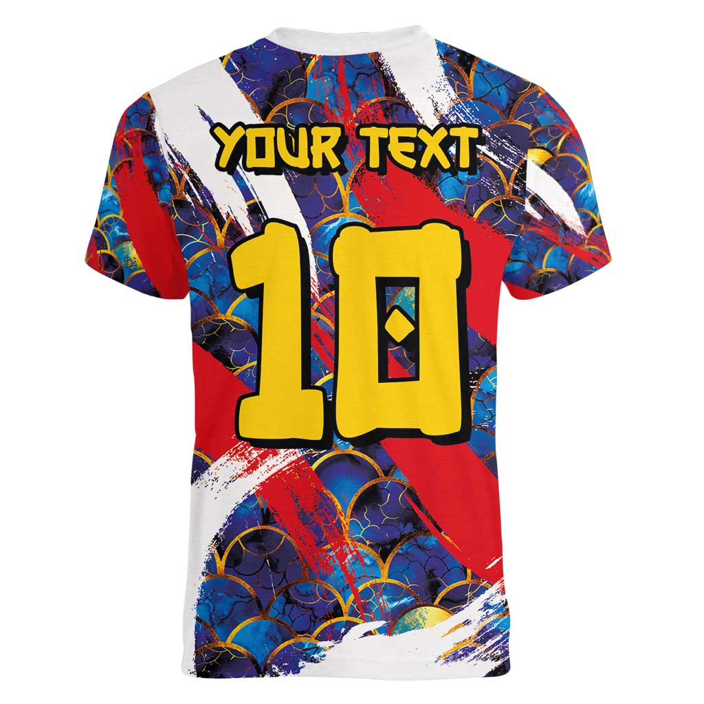 Custom Japan Football Women V-Neck T-Shirt Seigaiha and Brush Style