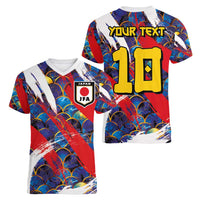 Custom Japan Football Women V-Neck T-Shirt Seigaiha and Brush Style