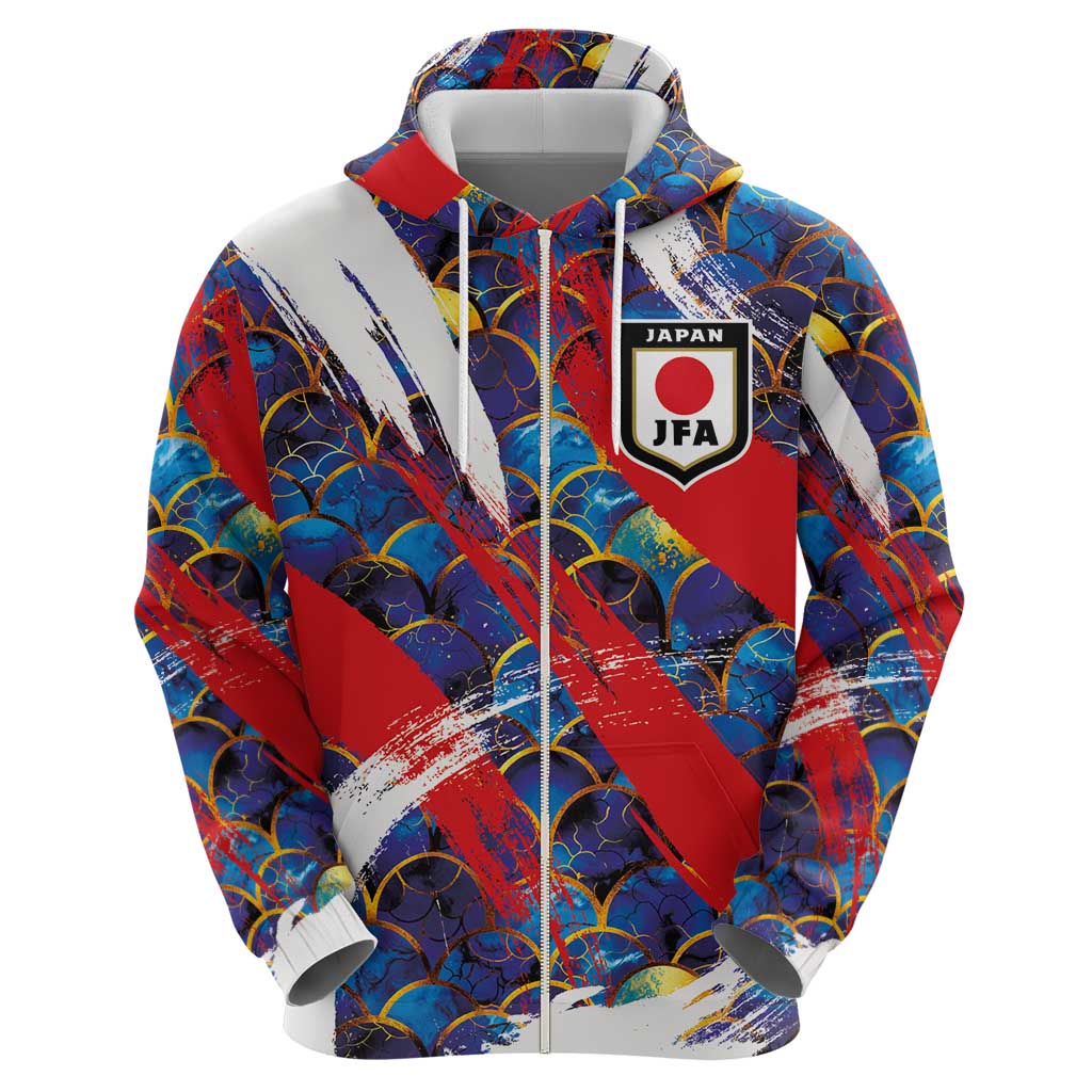 Custom Japan Football Zip Hoodie Seigaiha and Brush Style