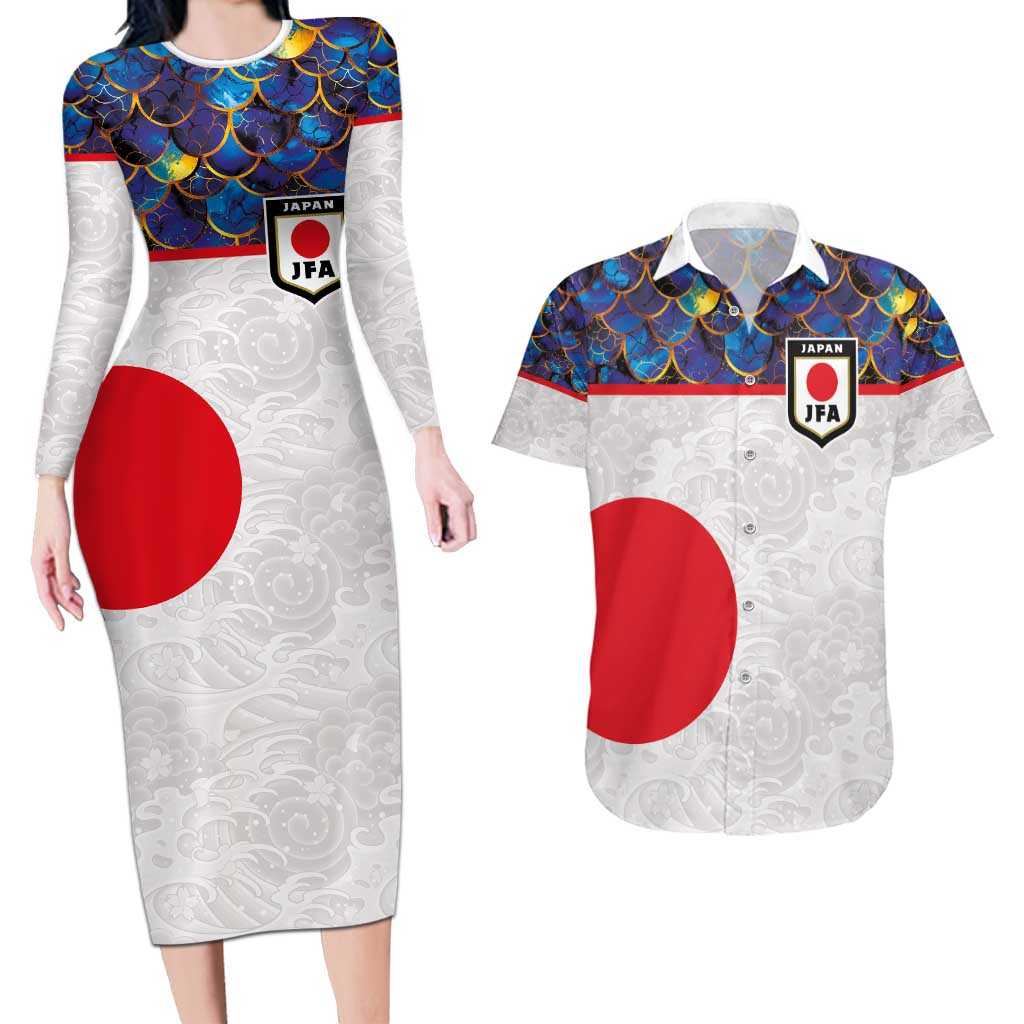 Custom Japan Football Couples Matching Long Sleeve Bodycon Dress and Hawaiian Shirt Seigaiha and Sun
