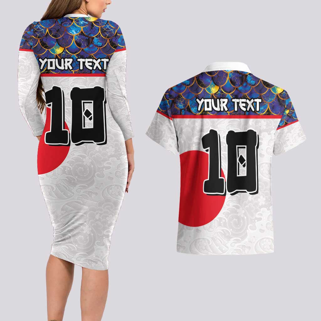 Custom Japan Football Couples Matching Long Sleeve Bodycon Dress and Hawaiian Shirt Seigaiha and Sun