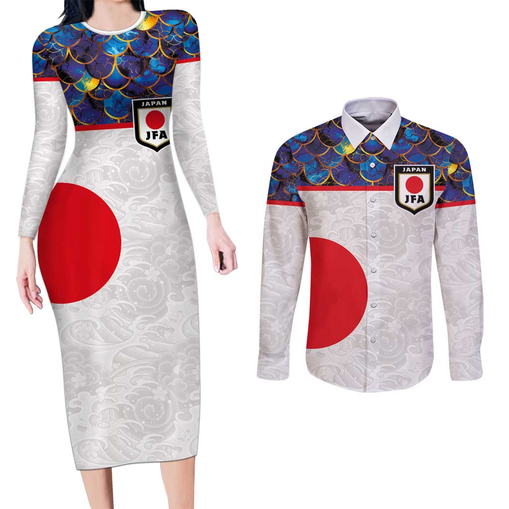 Custom Japan Football Couples Matching Long Sleeve Bodycon Dress and Long Sleeve Button Shirt Seigaiha and Sun