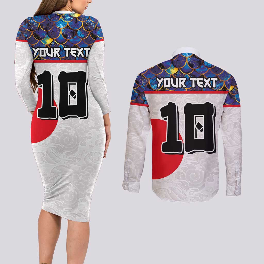 Custom Japan Football Couples Matching Long Sleeve Bodycon Dress and Long Sleeve Button Shirt Seigaiha and Sun