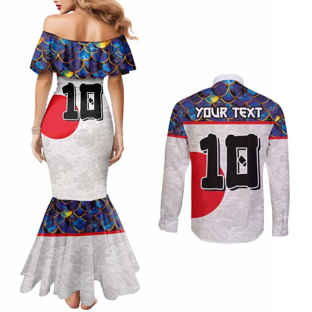 Custom Japan Football Couples Matching Mermaid Dress and Long Sleeve Button Shirt Seigaiha and Sun