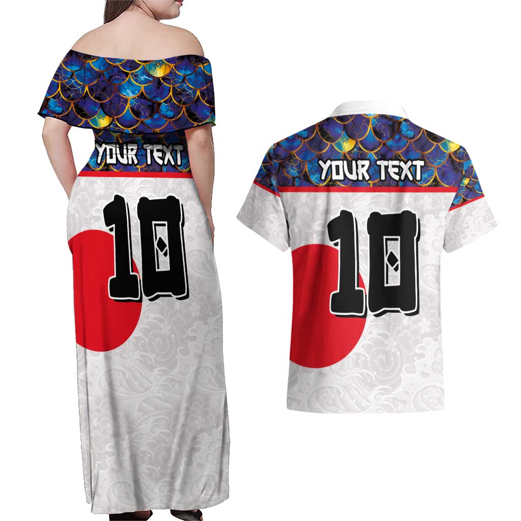 Custom Japan Football Couples Matching Off Shoulder Maxi Dress and Hawaiian Shirt Seigaiha and Sun