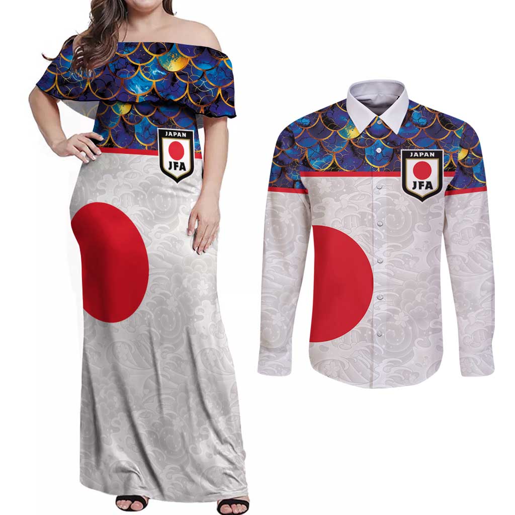 Custom Japan Football Couples Matching Off Shoulder Maxi Dress and Long Sleeve Button Shirt Seigaiha and Sun