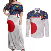 Custom Japan Football Couples Matching Off Shoulder Maxi Dress and Long Sleeve Button Shirt Seigaiha and Sun