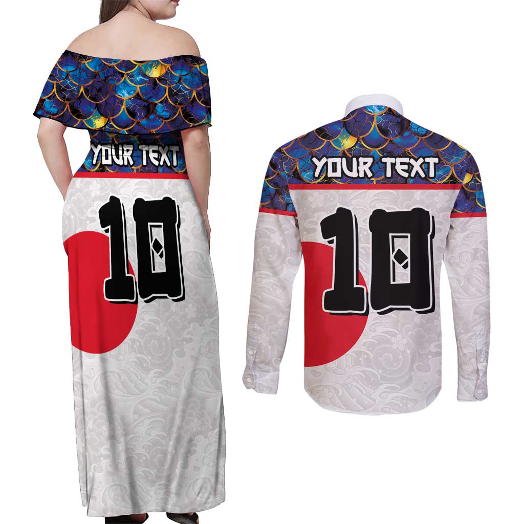Custom Japan Football Couples Matching Off Shoulder Maxi Dress and Long Sleeve Button Shirt Seigaiha and Sun