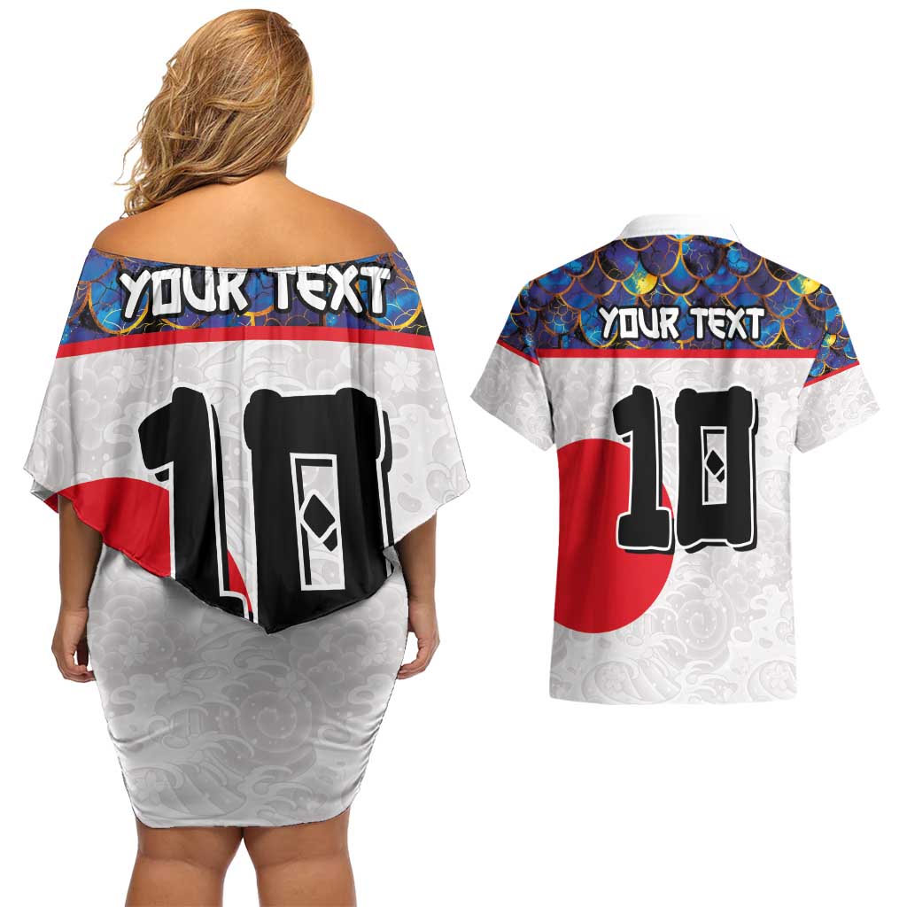 Custom Japan Football Couples Matching Off Shoulder Short Dress and Hawaiian Shirt Seigaiha and Sun