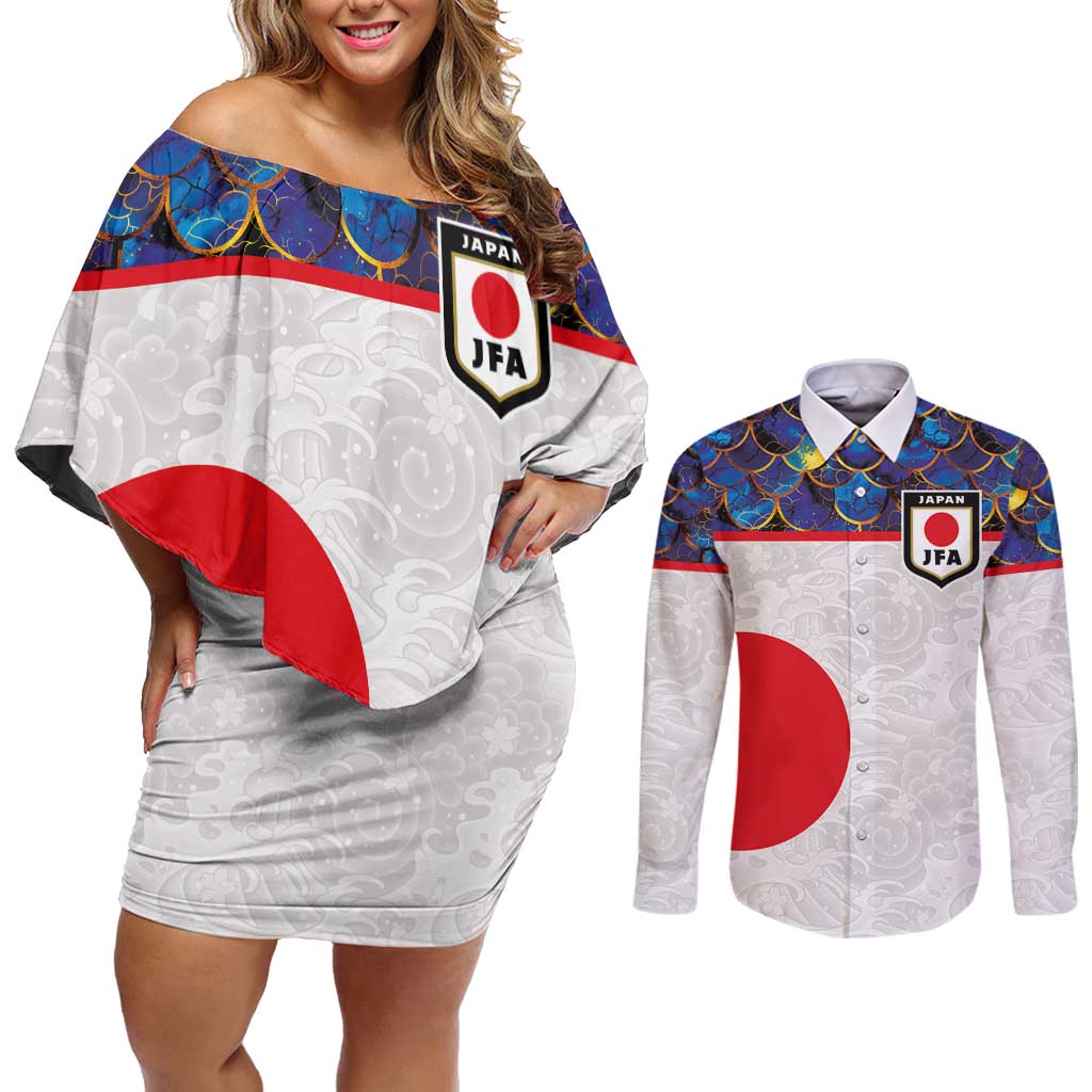 Custom Japan Football Couples Matching Off Shoulder Short Dress and Long Sleeve Button Shirt Seigaiha and Sun