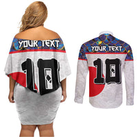 Custom Japan Football Couples Matching Off Shoulder Short Dress and Long Sleeve Button Shirt Seigaiha and Sun