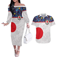 Custom Japan Football Couples Matching Off The Shoulder Long Sleeve Dress and Hawaiian Shirt Seigaiha and Sun