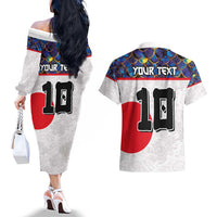 Custom Japan Football Couples Matching Off The Shoulder Long Sleeve Dress and Hawaiian Shirt Seigaiha and Sun
