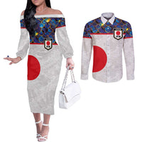 Custom Japan Football Couples Matching Off The Shoulder Long Sleeve Dress and Long Sleeve Button Shirt Seigaiha and Sun