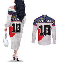 Custom Japan Football Couples Matching Off The Shoulder Long Sleeve Dress and Long Sleeve Button Shirt Seigaiha and Sun