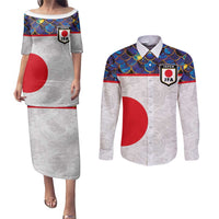 Custom Japan Football Couples Matching Puletasi and Long Sleeve Button Shirt Seigaiha and Sun