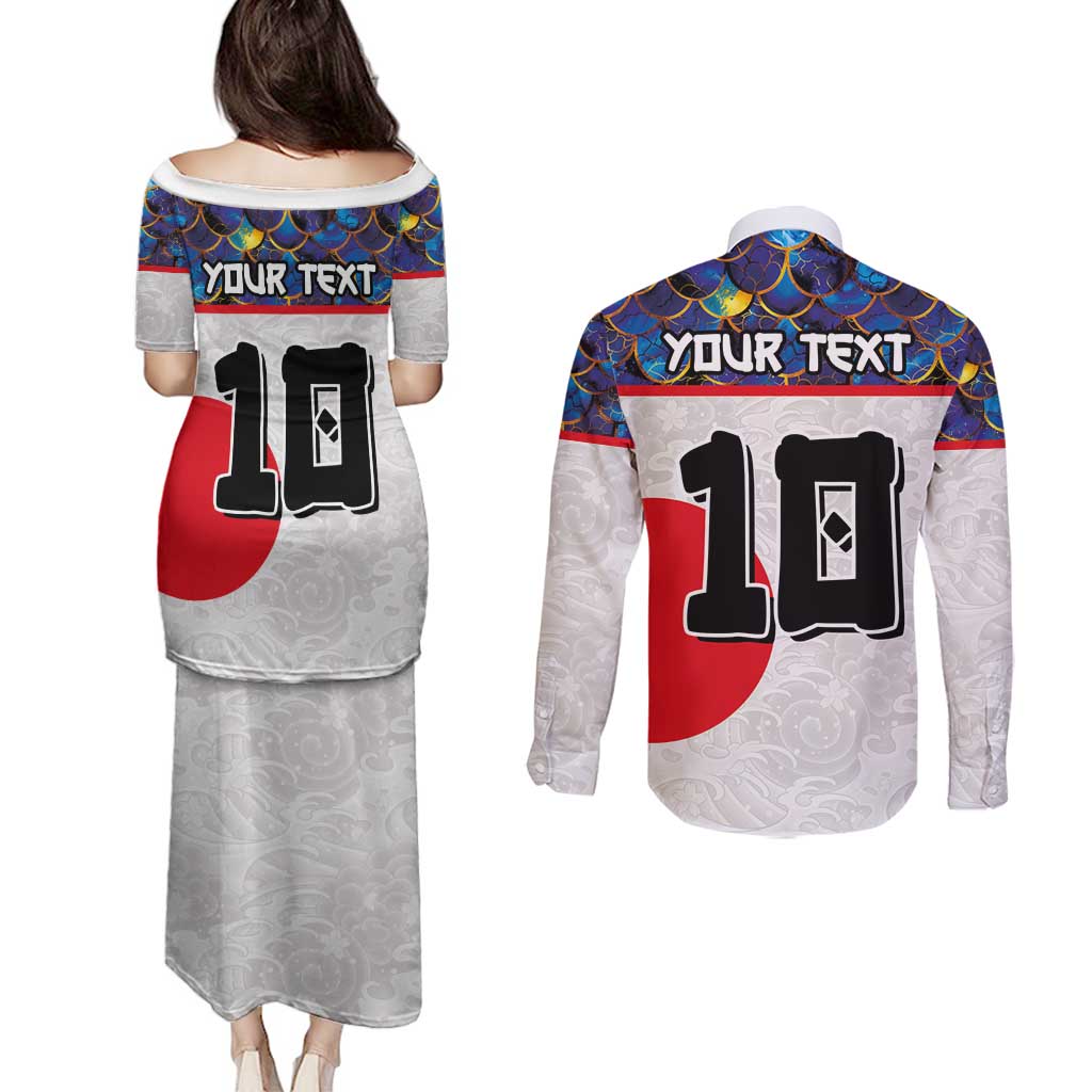 Custom Japan Football Couples Matching Puletasi and Long Sleeve Button Shirt Seigaiha and Sun