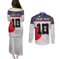 Custom Japan Football Couples Matching Puletasi and Long Sleeve Button Shirt Seigaiha and Sun