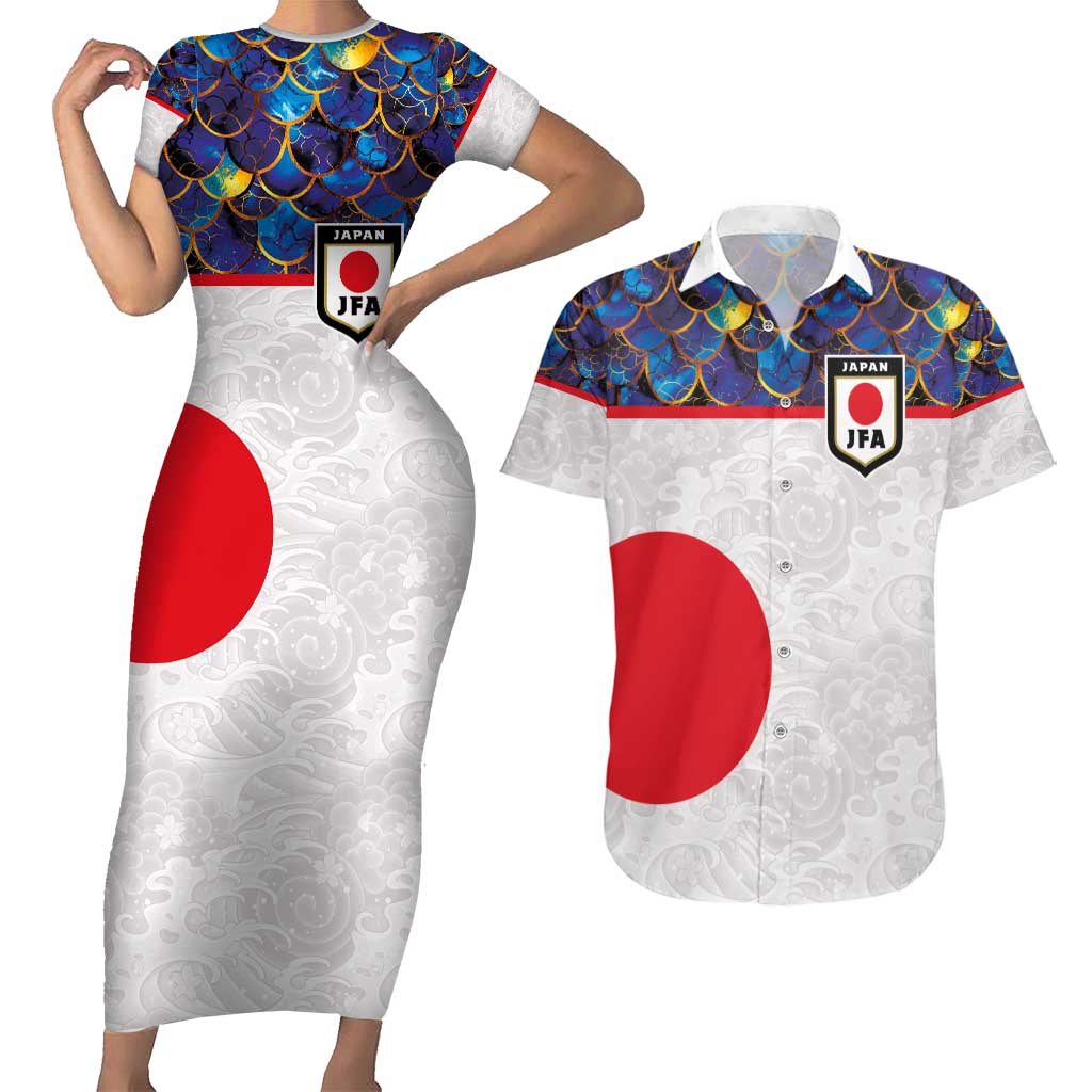 Custom Japan Football Couples Matching Short Sleeve Bodycon Dress and Hawaiian Shirt Seigaiha and Sun