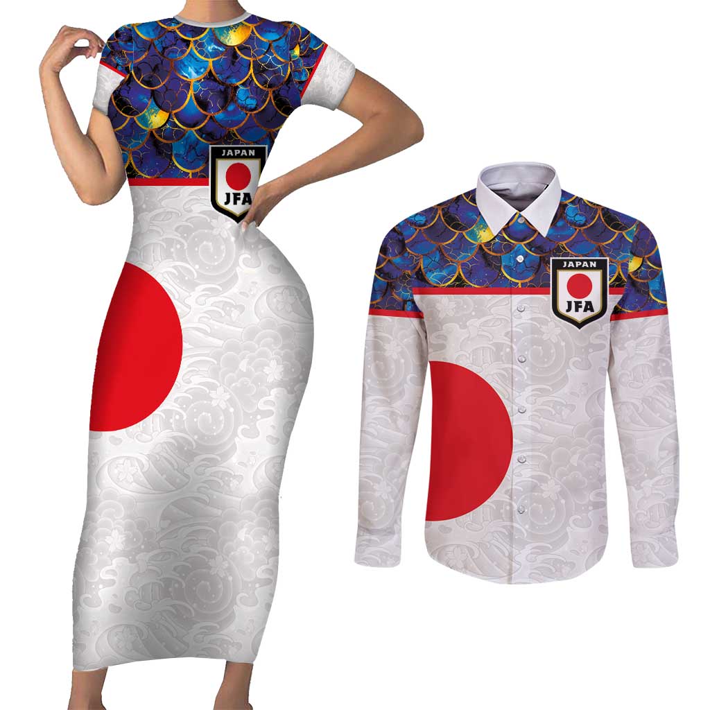 Custom Japan Football Couples Matching Short Sleeve Bodycon Dress and Long Sleeve Button Shirt Seigaiha and Sun