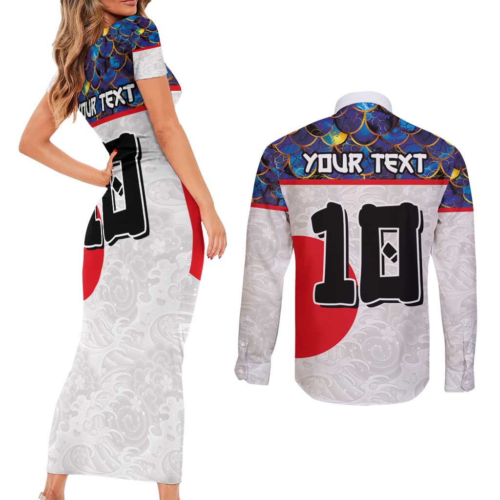 Custom Japan Football Couples Matching Short Sleeve Bodycon Dress and Long Sleeve Button Shirt Seigaiha and Sun