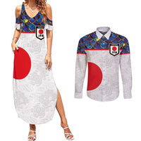 Custom Japan Football Couples Matching Summer Maxi Dress and Long Sleeve Button Shirt Seigaiha and Sun