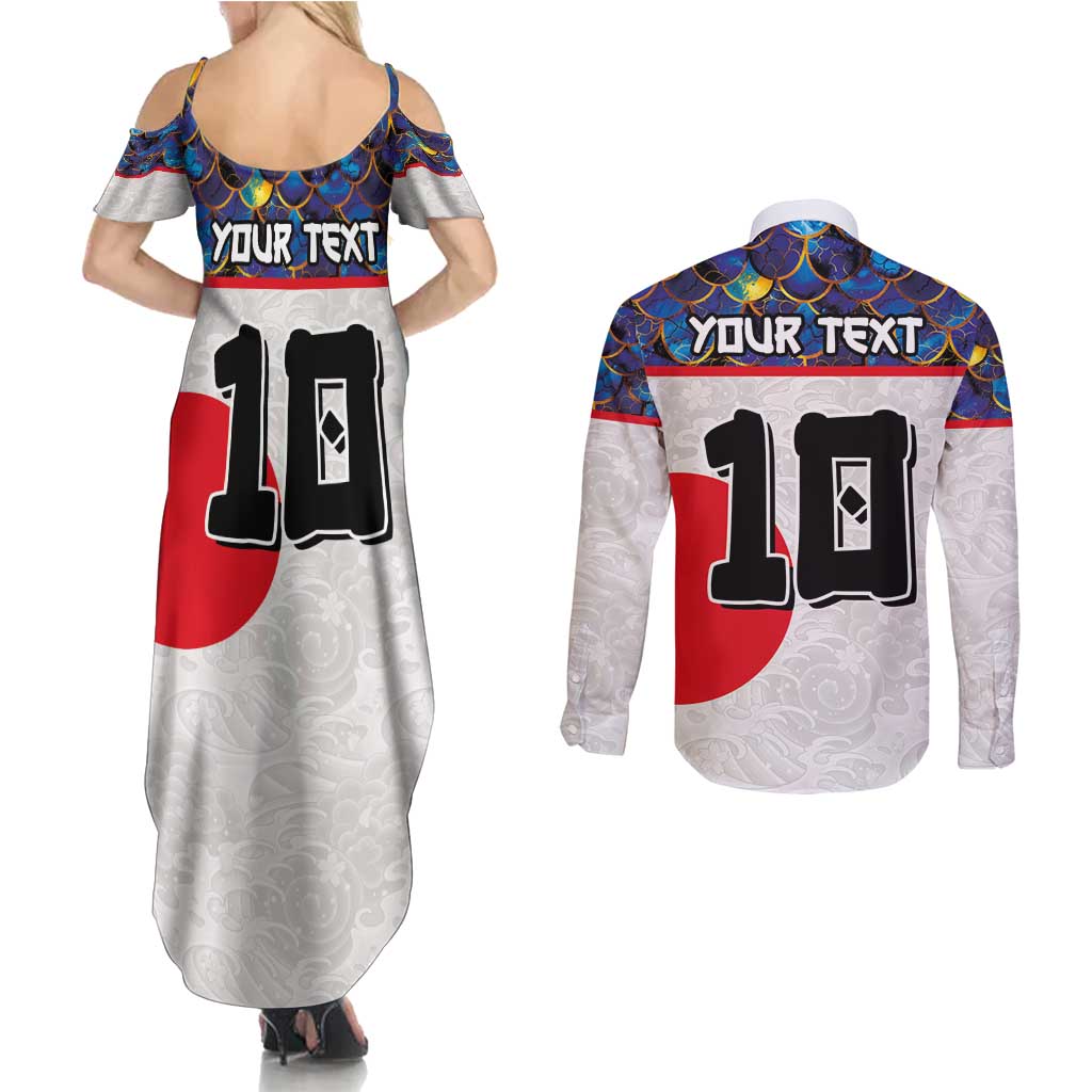 Custom Japan Football Couples Matching Summer Maxi Dress and Long Sleeve Button Shirt Seigaiha and Sun