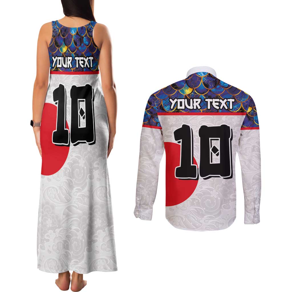 Custom Japan Football Couples Matching Tank Maxi Dress and Long Sleeve Button Shirt Seigaiha and Sun