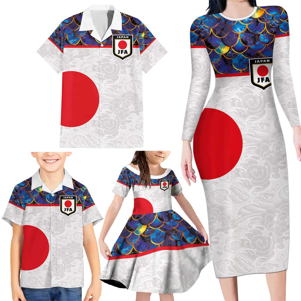 Custom Japan Football Family Matching Long Sleeve Bodycon Dress and Hawaiian Shirt Seigaiha and Sun