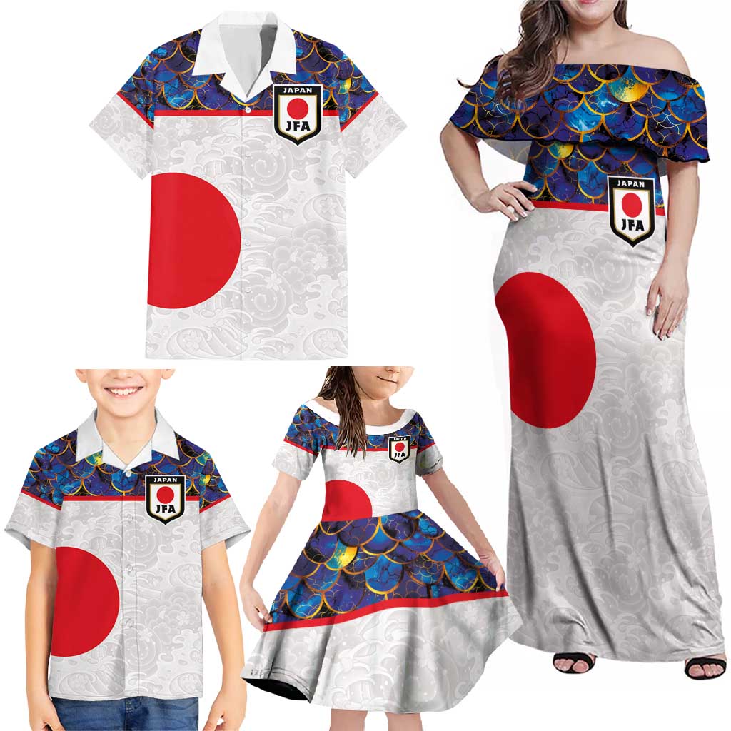 Custom Japan Football Family Matching Off Shoulder Maxi Dress and Hawaiian Shirt Seigaiha and Sun