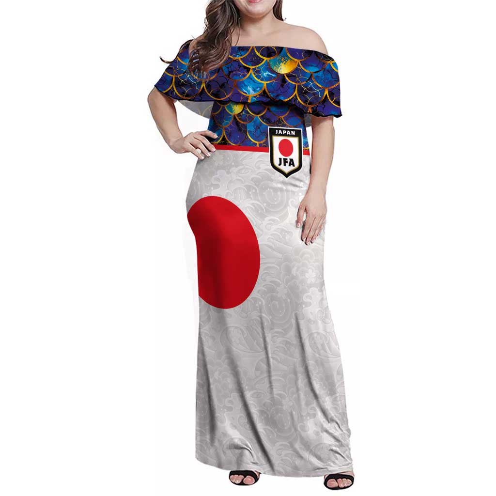 Custom Japan Football Family Matching Off Shoulder Maxi Dress and Hawaiian Shirt Seigaiha and Sun