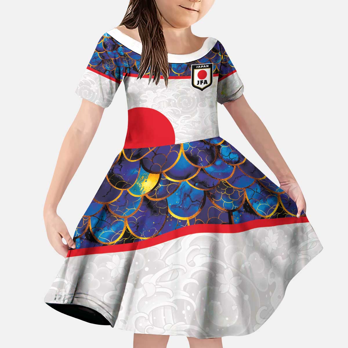 Custom Japan Football Kid Short Sleeve Dress Seigaiha and Sun