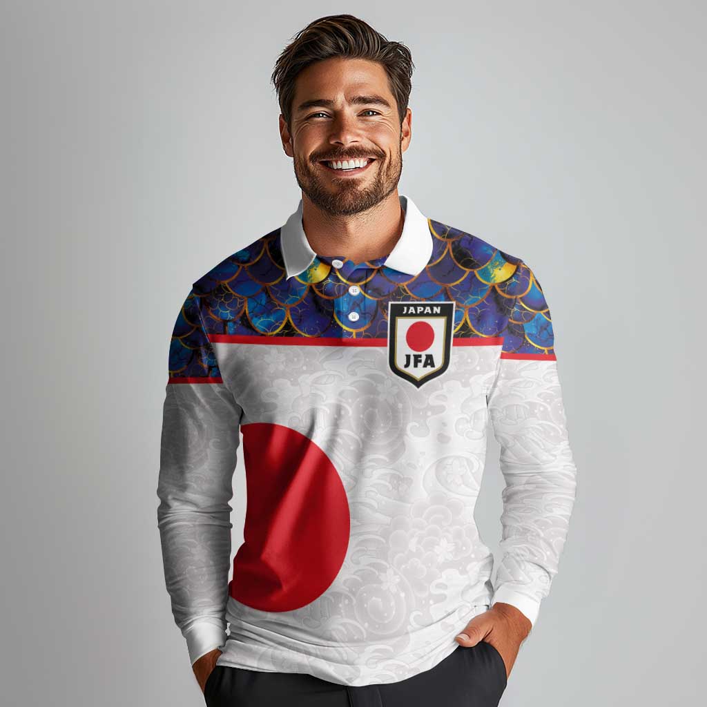 Custom Japan Football Long Sleeve Polo Shirt Seigaiha and Sun