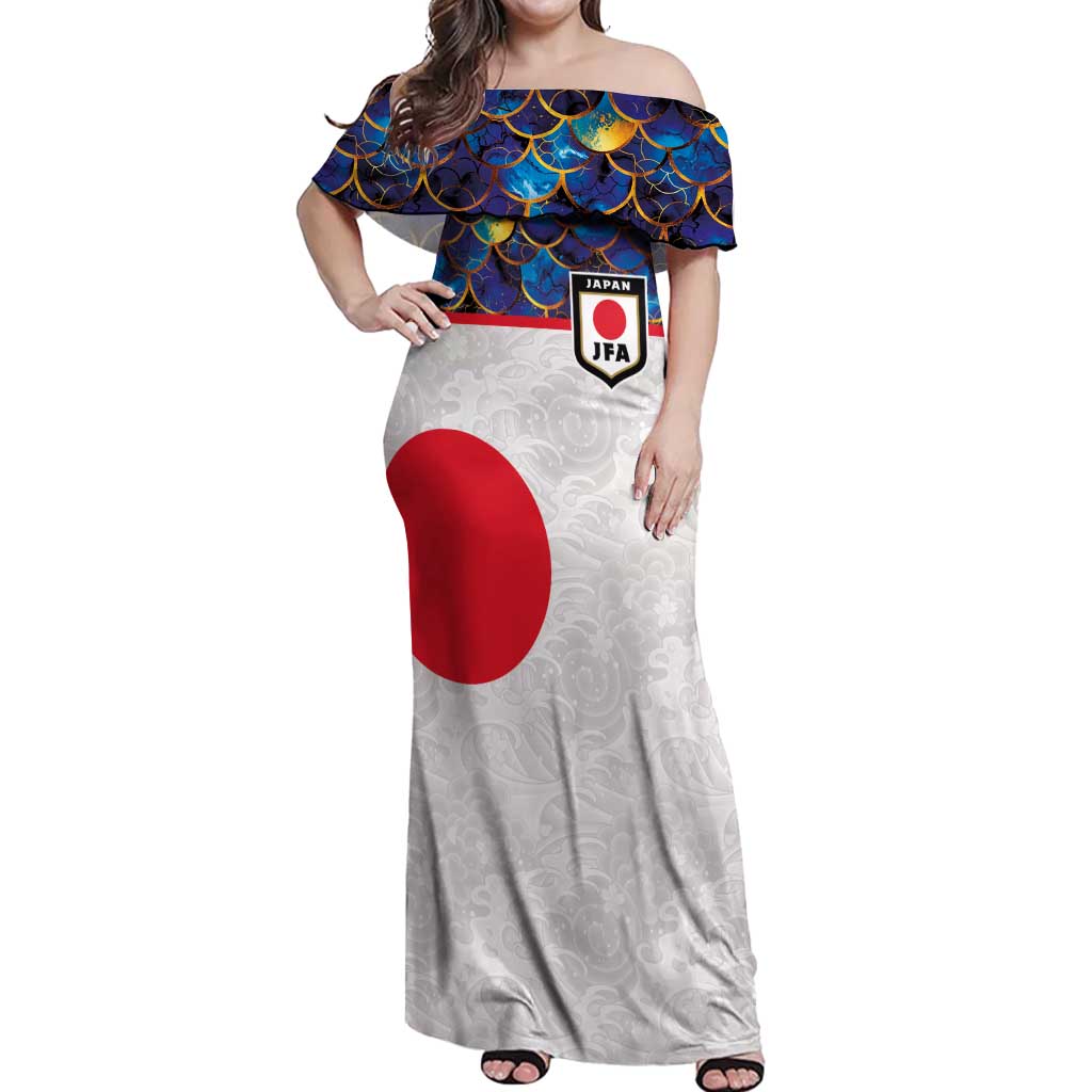 Custom Japan Football Off Shoulder Maxi Dress Seigaiha and Sun