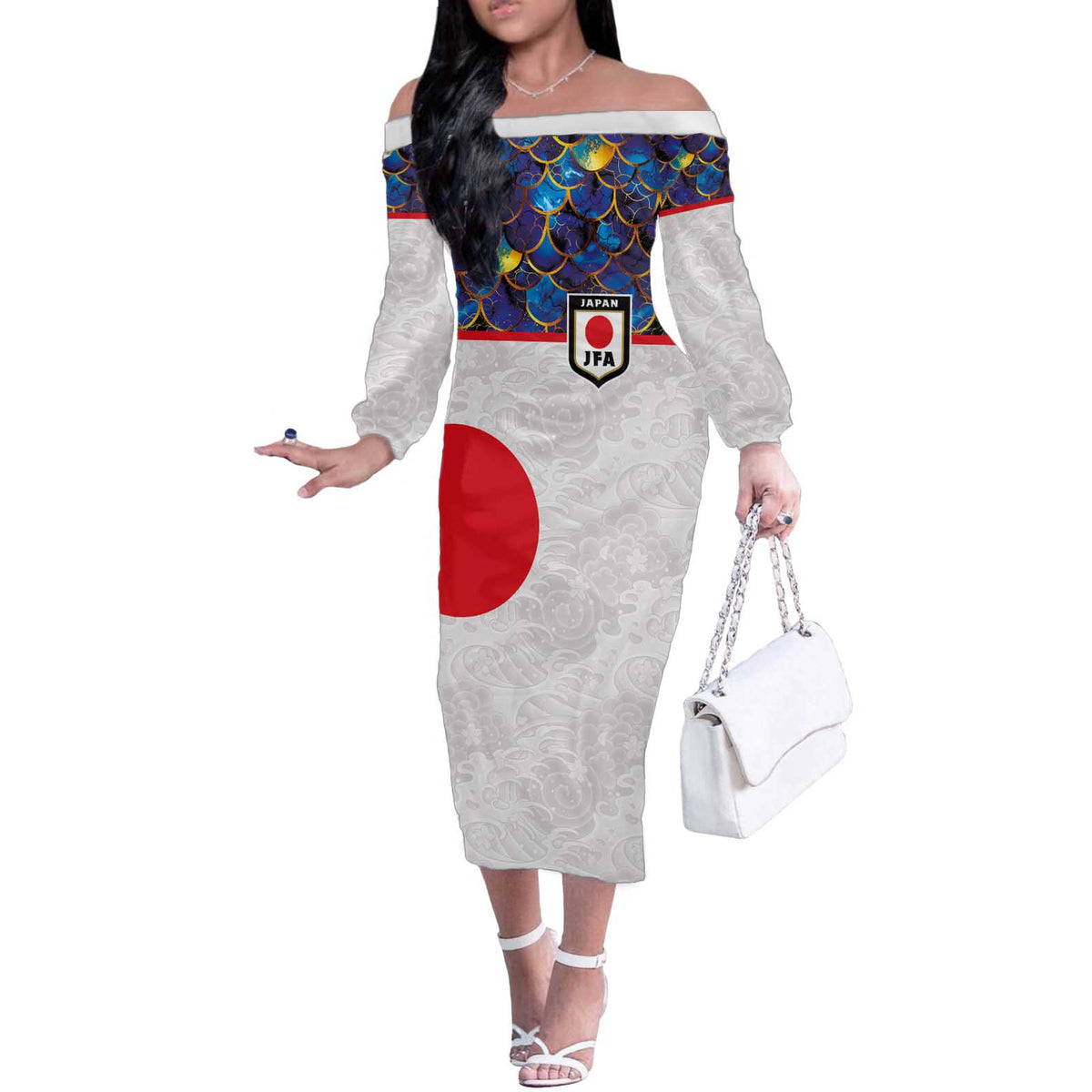 Custom Japan Football Off The Shoulder Long Sleeve Dress Seigaiha and Sun