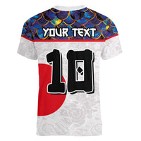 Custom Japan Football Women V-Neck T-Shirt Seigaiha and Sun