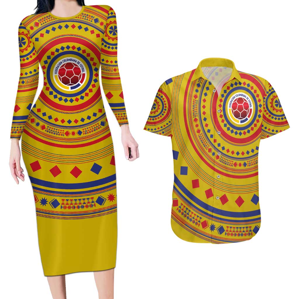 Custom Colombia Football Couples Matching Long Sleeve Bodycon Dress and Hawaiian Shirt Sporty Vueltiao Hat