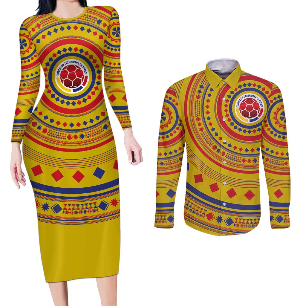 Custom Colombia Football Couples Matching Long Sleeve Bodycon Dress and Long Sleeve Button Shirt Sporty Vueltiao Hat