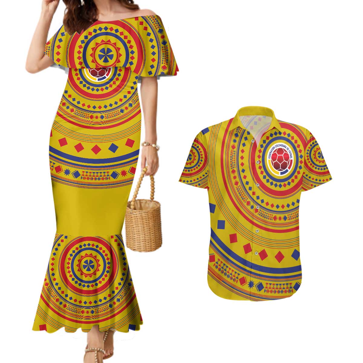 Custom Colombia Football Couples Matching Mermaid Dress and Hawaiian Shirt Sporty Vueltiao Hat