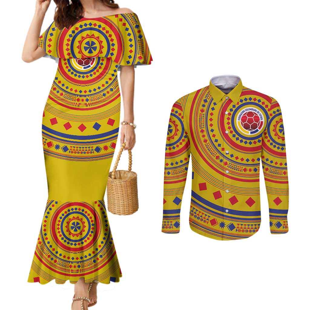 Custom Colombia Football Couples Matching Mermaid Dress and Long Sleeve Button Shirt Sporty Vueltiao Hat