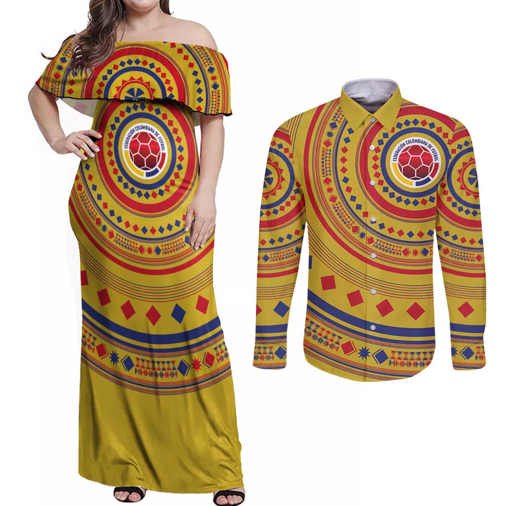 Custom Colombia Football Couples Matching Off Shoulder Maxi Dress and Long Sleeve Button Shirt Sporty Vueltiao Hat