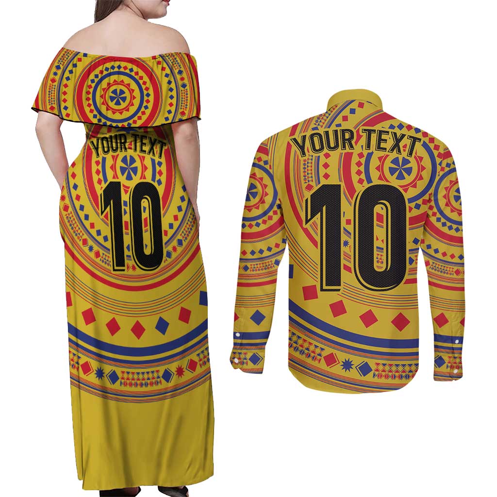 Custom Colombia Football Couples Matching Off Shoulder Maxi Dress and Long Sleeve Button Shirt Sporty Vueltiao Hat