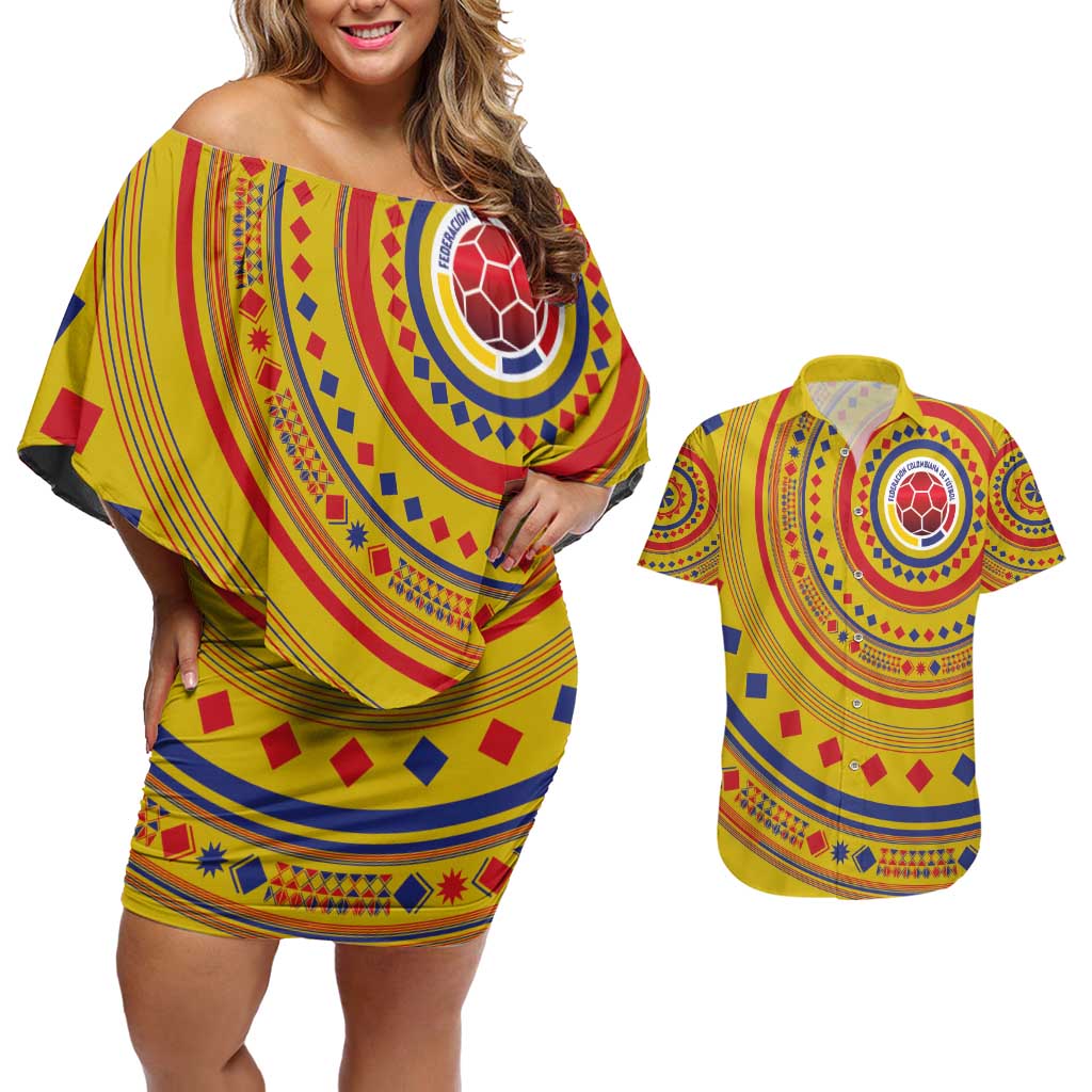 Custom Colombia Football Couples Matching Off Shoulder Short Dress and Hawaiian Shirt Sporty Vueltiao Hat