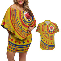 Custom Colombia Football Couples Matching Off Shoulder Short Dress and Hawaiian Shirt Sporty Vueltiao Hat