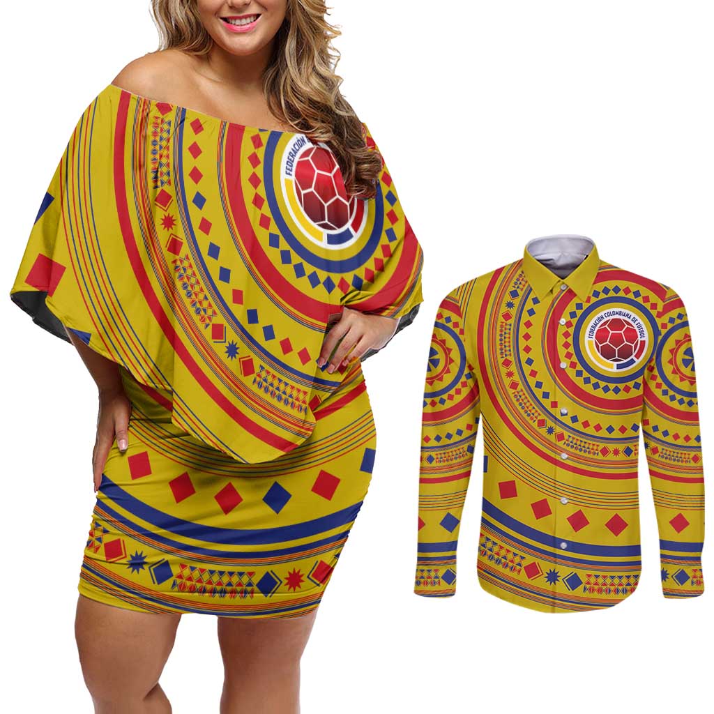 Custom Colombia Football Couples Matching Off Shoulder Short Dress and Long Sleeve Button Shirt Sporty Vueltiao Hat