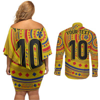 Custom Colombia Football Couples Matching Off Shoulder Short Dress and Long Sleeve Button Shirt Sporty Vueltiao Hat