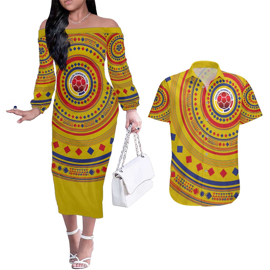 Custom Colombia Football Couples Matching Off The Shoulder Long Sleeve Dress and Hawaiian Shirt Sporty Vueltiao Hat